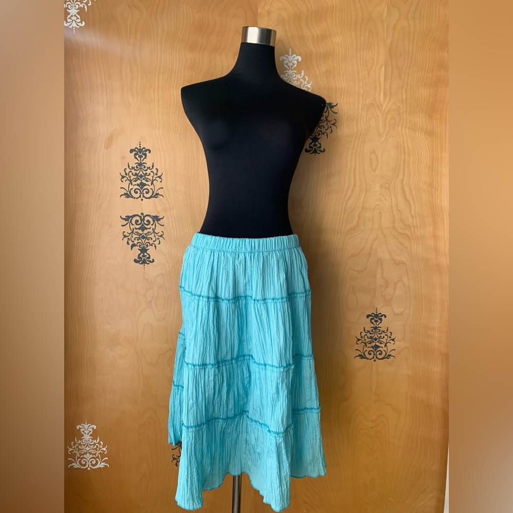 Vintage 2000s Aqua Blue  Tiered Ruffle Skirt w/ Elastic Waistband Y2K Style S/M